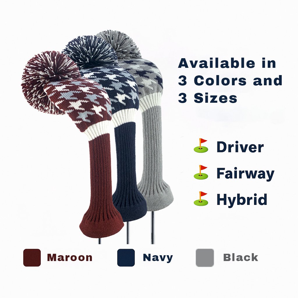 Knitted houndstooth golf headcovers set – red, navy blue, and gray styles for driver, fairway, and hybrid clubs
