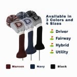 maroon and gray knitted golf headcovers for driver, fairway, hybrid, and utility clubs