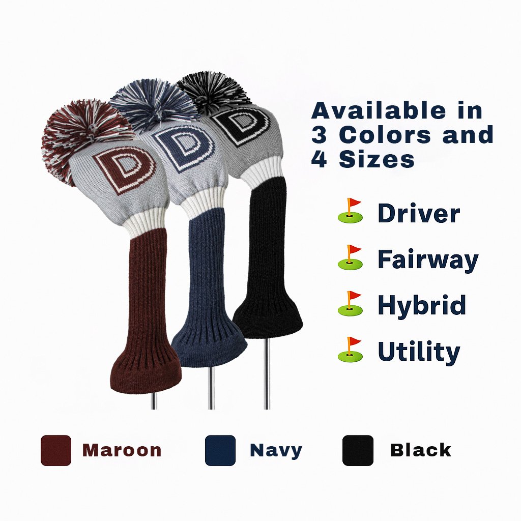 maroon and gray knitted golf headcovers for driver, fairway, hybrid, and utility clubs