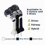 Skull knit golf headcovers in white, navy, and black for driver, fairway, and hybrid clubs.