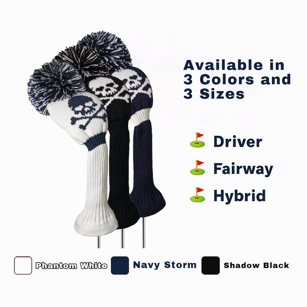 Skull knit golf headcovers in white, navy, and black for driver, fairway, and hybrid clubs.