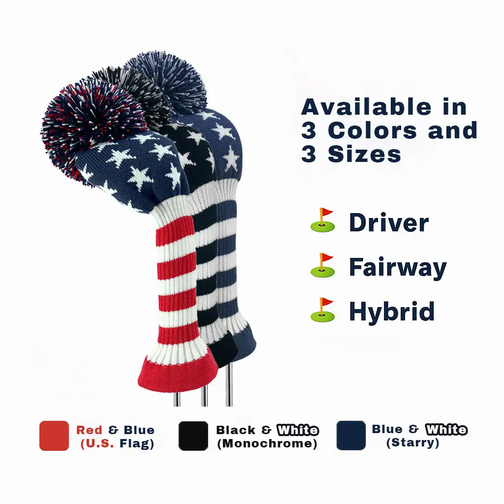 Three Stars & Stripes Glory golf headcovers in red & blue, black & white, and blue & white