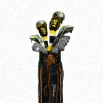A golfer with a golf bag, showcasing the Happy Gilmore-inspired knitted golf headcovers (driver and fairway wood) in a lifestyle setting, with a humorous "HAPPY" design in yellow, black and white.