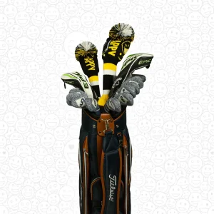 A golfer with a golf bag, showcasing the Happy Gilmore-inspired knitted golf headcovers (driver and fairway wood) in a lifestyle setting, with a humorous "HAPPY" design in yellow, black and white.