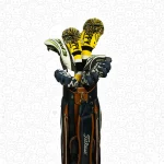 A golfer with a golf bag, showcasing the Happy Gilmore-inspired knitted golf headcovers (driver and fairway wood) in a lifestyle setting, with a humorous "HAPPY" design in yellow, black and white.