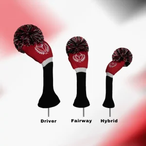 A set of three red and black knit golf headcovers for Driver, Fairway, and Hybrid, featuring "Happy Gilmore" style embroidery.